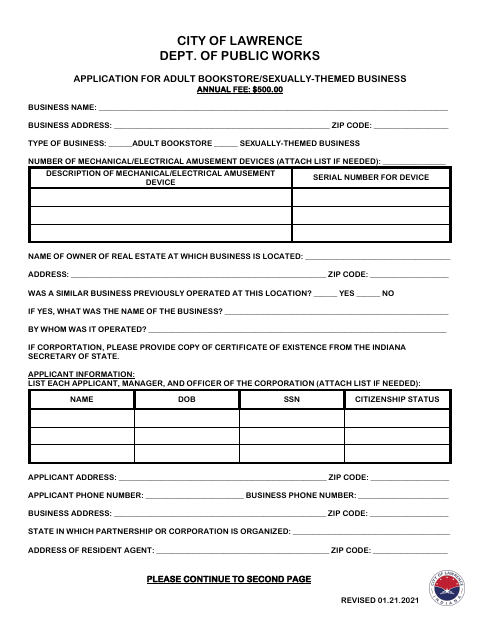 First page of the Adult Bookstore/Sexually-Themed Business Application