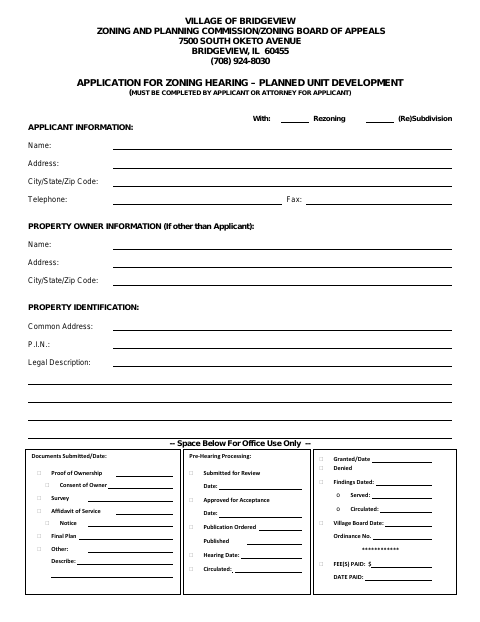 First page of the Planned Unit Development Hearing Application