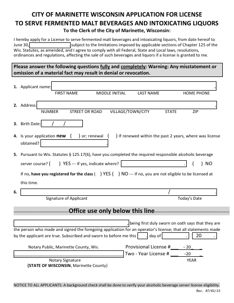 First page of the Alcohol Beverage Server License Application
