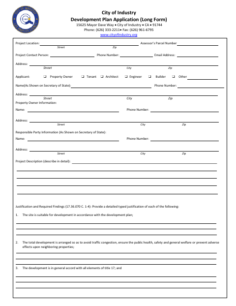 First page of the Development Plan Application Long Form