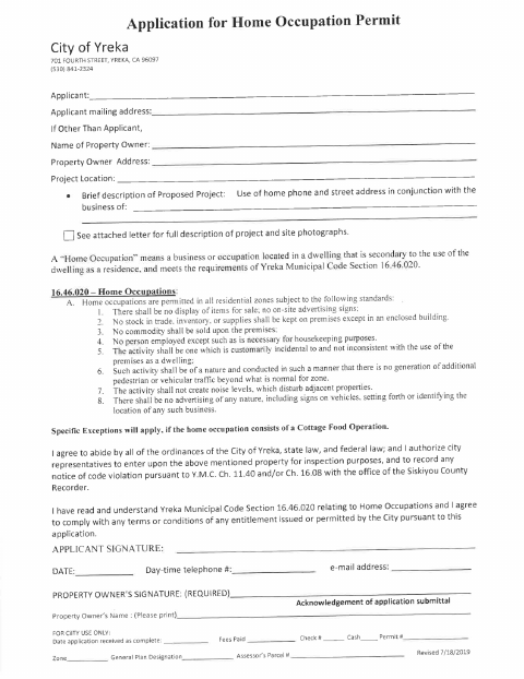 First page of the Home Occupation Permit