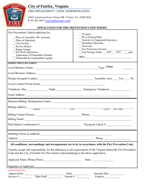 First page of the Application for Fire Prevention Code Permit