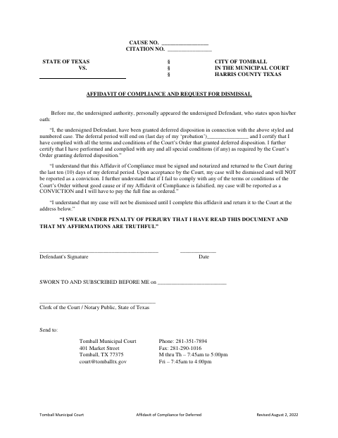First page of the Affidavit of Compliance and Request for Dismissal