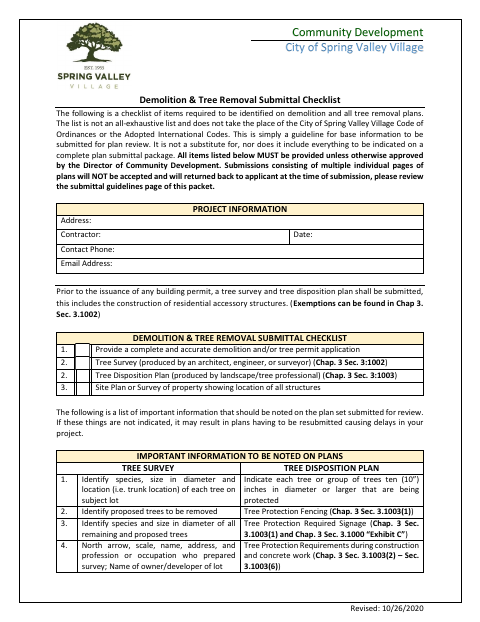 First page of the Demolition & Tree Removal Submittal Checklist