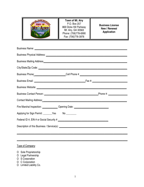 First page of the Business License New / Renewal Application