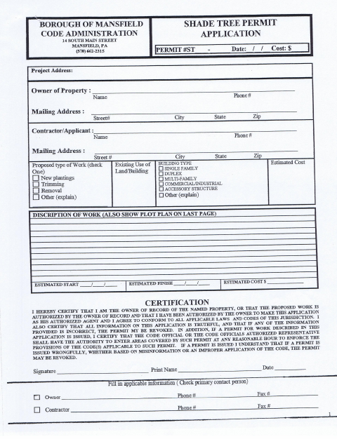 First page of the Shade Tree Permit Application