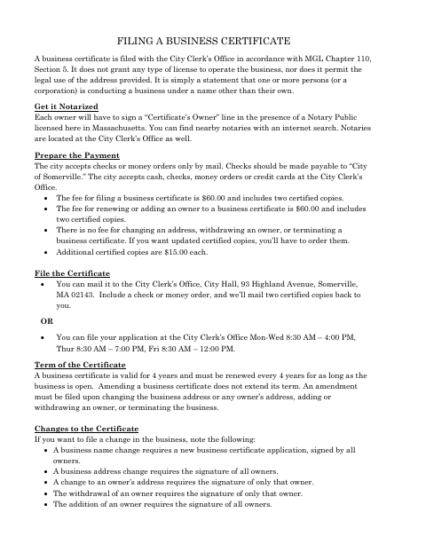 First page of the Business Certificate