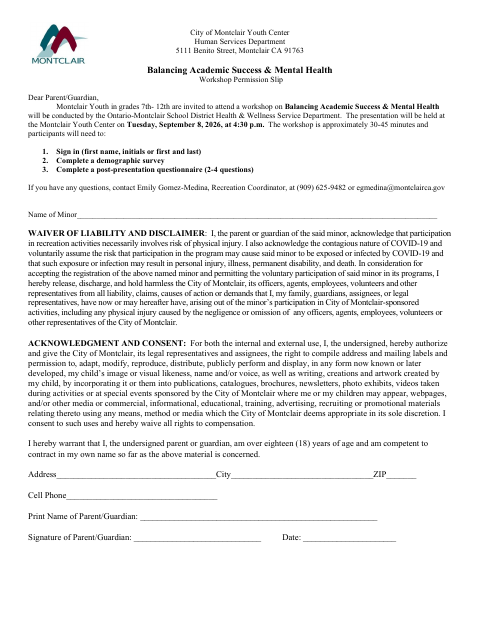 First page of the Balancing Academic Success & Mental Health Workshop Permission Slip