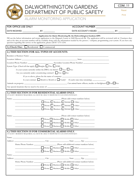 First page of the Application for Alarm Monitoring