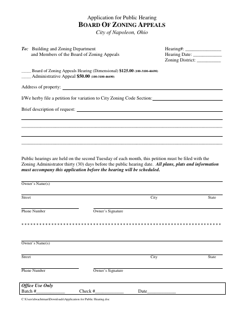 First page of the Application for Public Hearing