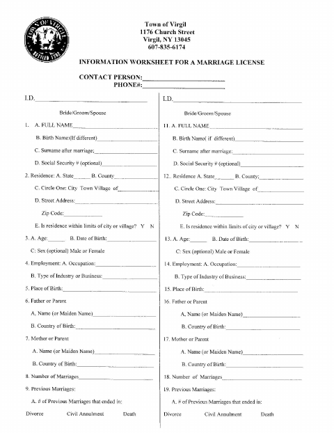 First page of the New Marriage License Form
