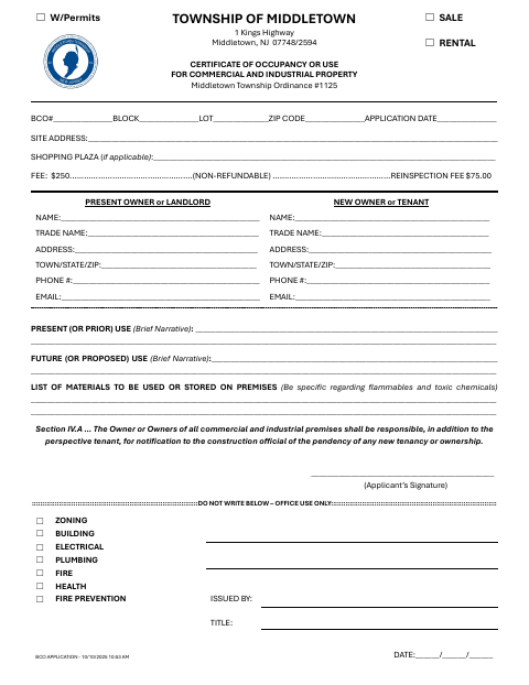 First page of the Certificate of Occupancy or Use for Commercial and Industrial Property
