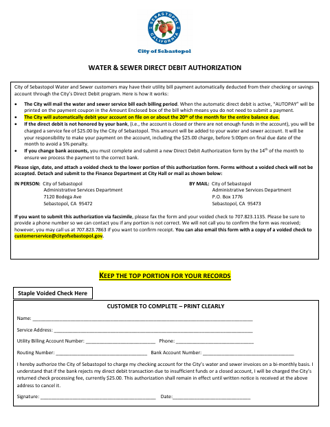 First page of the Water & Sewer Direct Debit Authorization