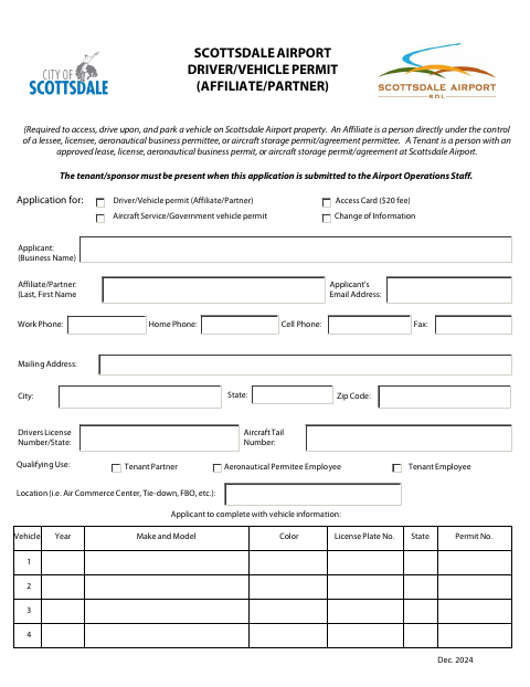First page of the Airport Driver/Vehicle Permit (Affiliate/Partner)