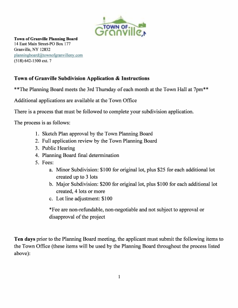 First page of the Subdivision Application