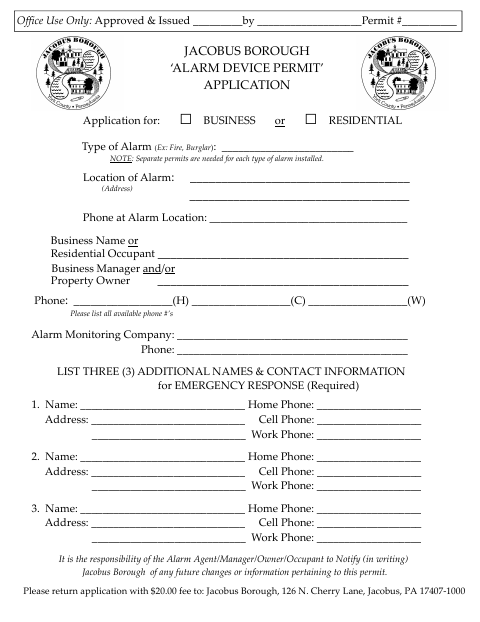 First page of the Alarm Device Permit Application