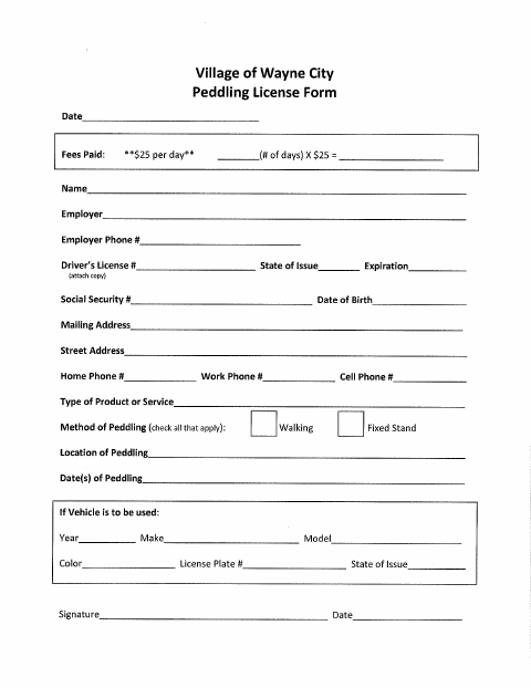 First page of the Peddling License Form