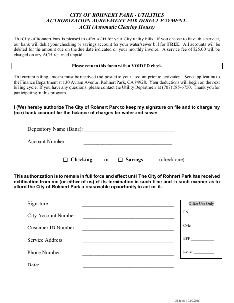 First page of the Authorization Agreement for Direct Payment—ACH