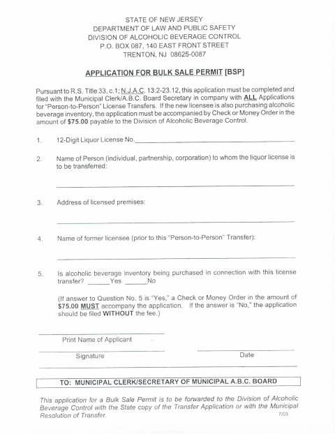 First page of the Bulk Sale Permit Application