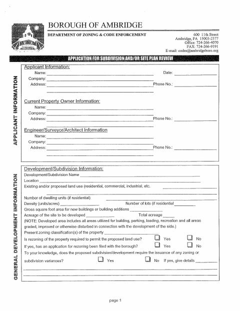 First page of the Subdivision and/or Site Plan Review Application