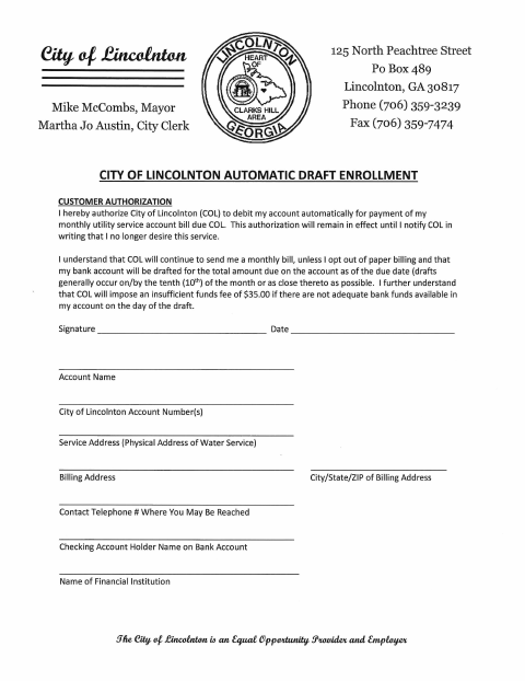 First page of the Automatic Draft Enrollment Form