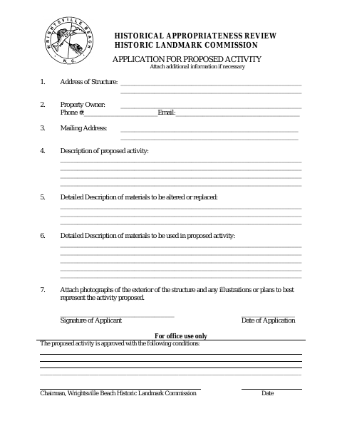 First page of the Historical Appropriateness Review Application for Proposed Activity