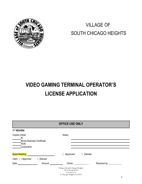 First page of the Video Gaming Terminal Operator’s License Application