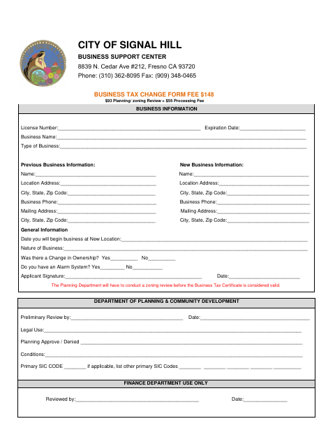 First page of the Business Tax Change Form