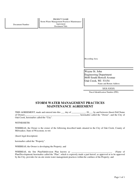 First page of the Storm Water Management Practices Maintenance Agreement