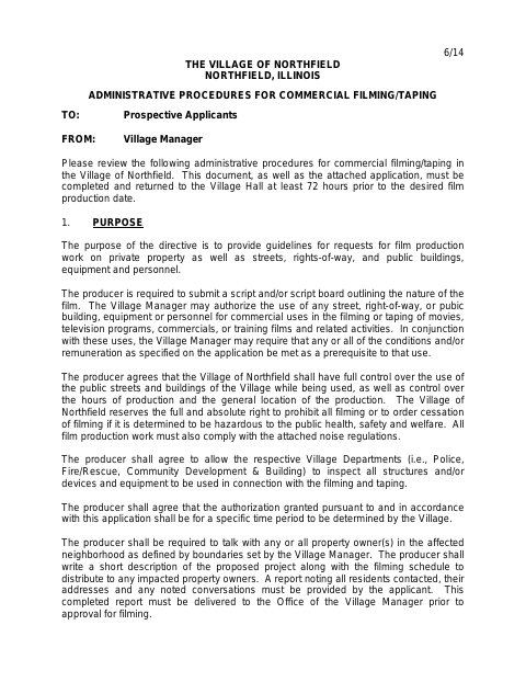 First page of the Commercial Filming/Taping Application