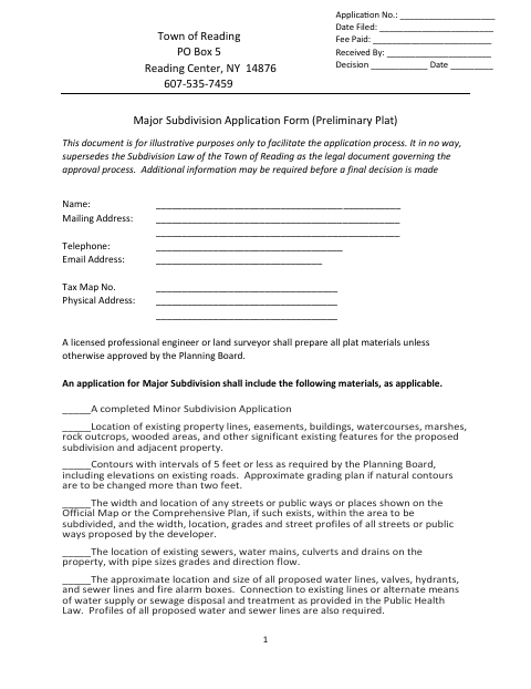 First page of the Major Subdivision Application