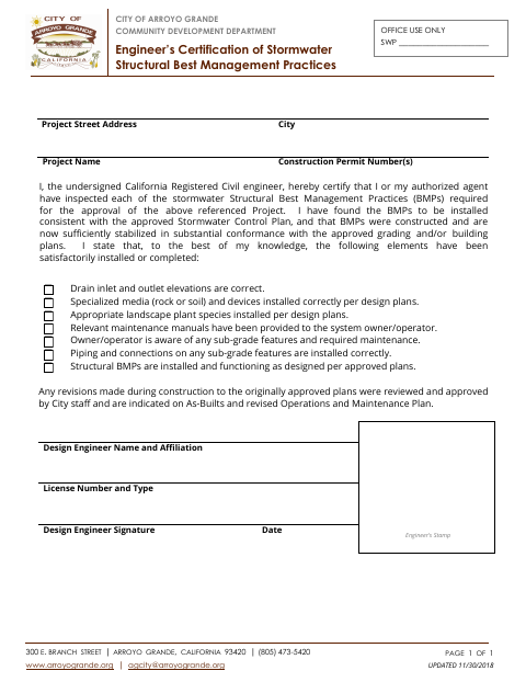 First page of the Engineer's Certification of Stormwater Structural Best Management Practices
