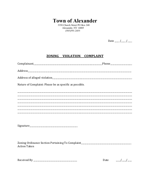 First page of the Zoning Violation Complaint Form