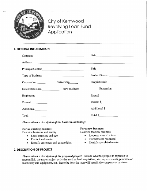 First page of the Revolving Loan Fund Application