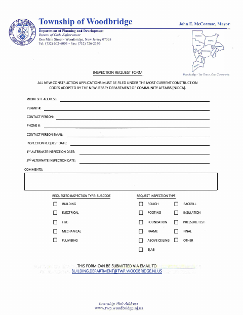 First page of the Inspection Request Form