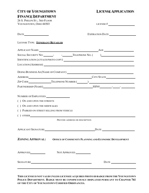First page of the Itinerant Retailer License Application
