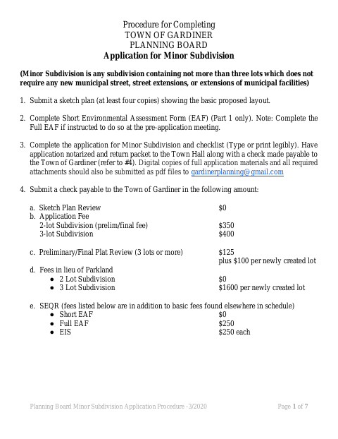 First page of the Minor Subdivision Application