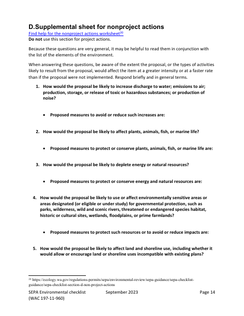 First page of the SEPA Environmental Checklist – Supplemental Sheet for Nonproject Actions