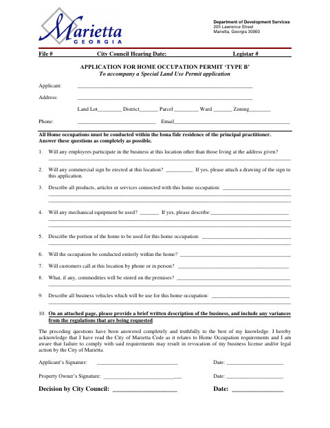First page of the Home Occupation Permit Type B Application