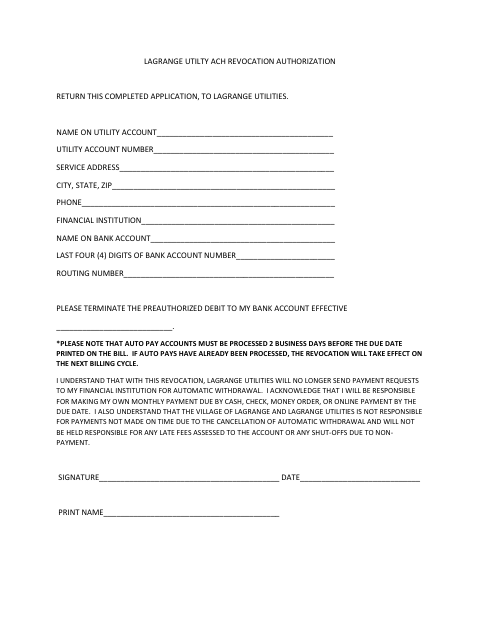 First page of the ACH Revocation Authorization