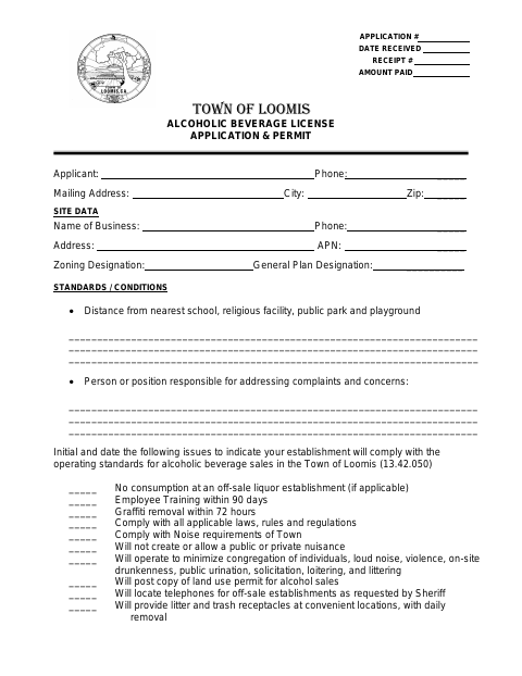 First page of the Alcoholic Beverage License Application & Permit