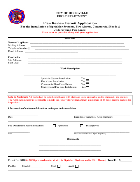 First page of the Plan Review Permit Application for Fire System Installations