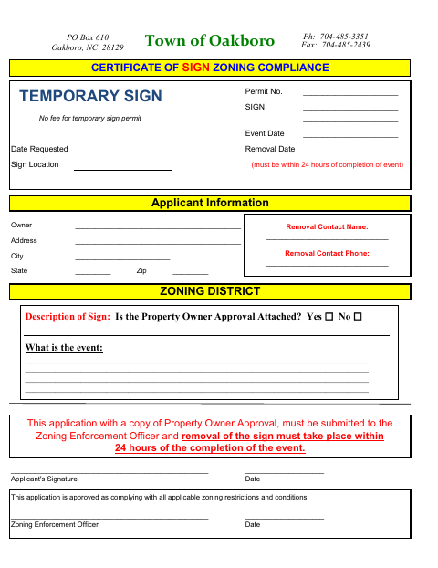 First page of the Certificate of Sign Zoning Compliance Temporary Sign
