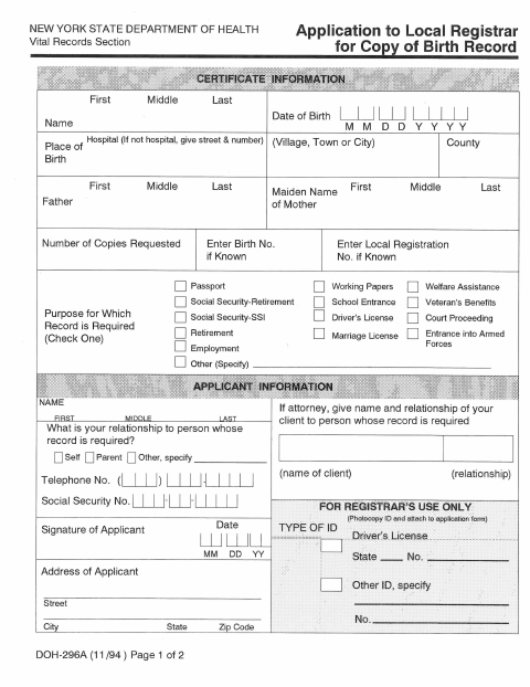 First page of the Application to Local Registrar for Copy of Birth Record