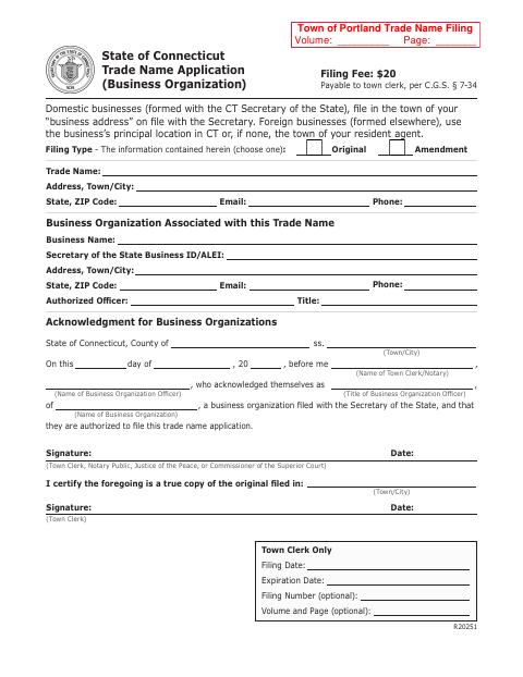 First page of the Trade Name Application (Business Organization)