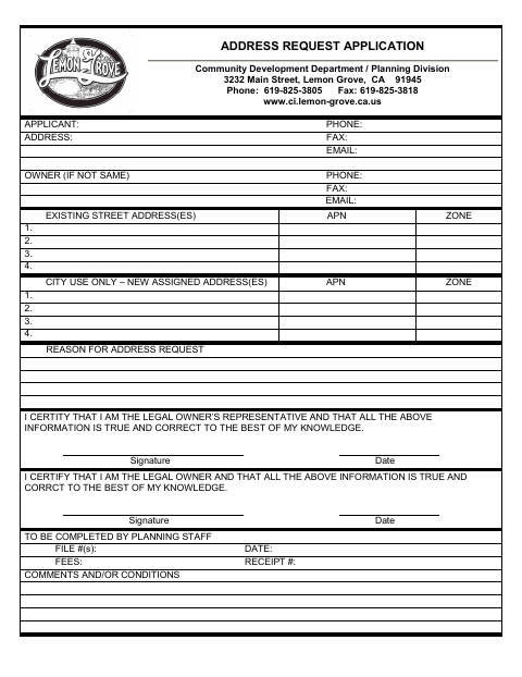 First page of the Address Request Application