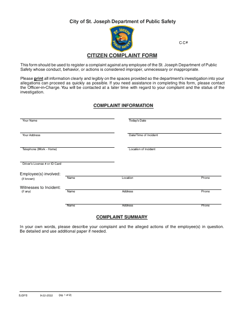 First page of the Citizen Complaint Form