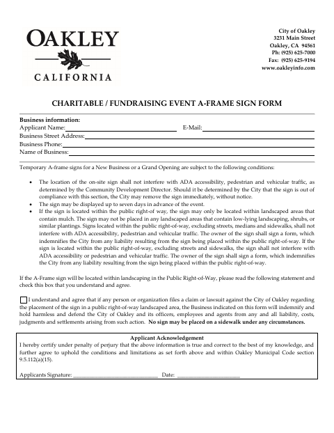 First page of the Charitable / Fundraising Event A-Frame Sign Form
