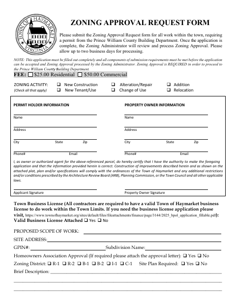 First page of the Zoning Approval Request Form