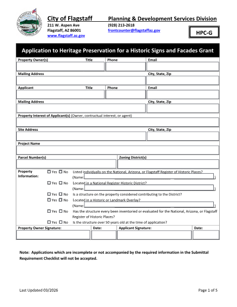 First page of the Historic Signs and Facades Grant Application